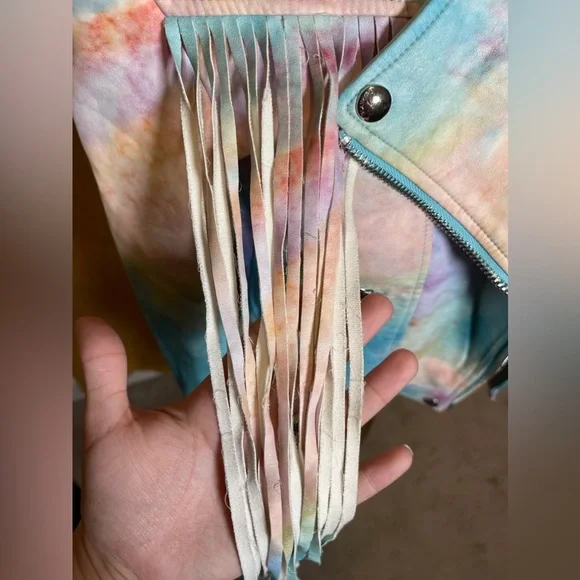 **RARE** Blank NYC Tie Dye Fringe Leather Moto Jacket - Picture 11 of 16